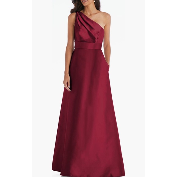 Alfred Sung D815 Draped One Shoulder Satin Dress Gown Burgundy Size 18 - Picture 1 of 10